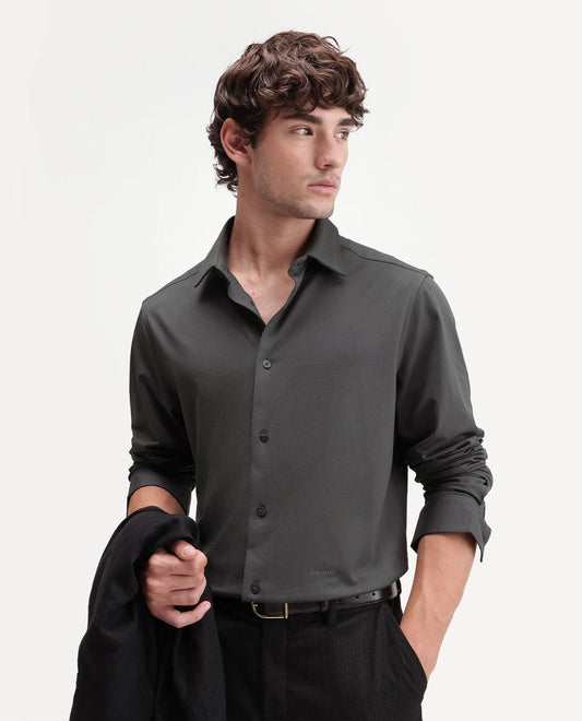 Rare Rabbit Men's Tour-Aw26 Dark Grey Cotton Blend Spread Collar Regular Plain Shirt
