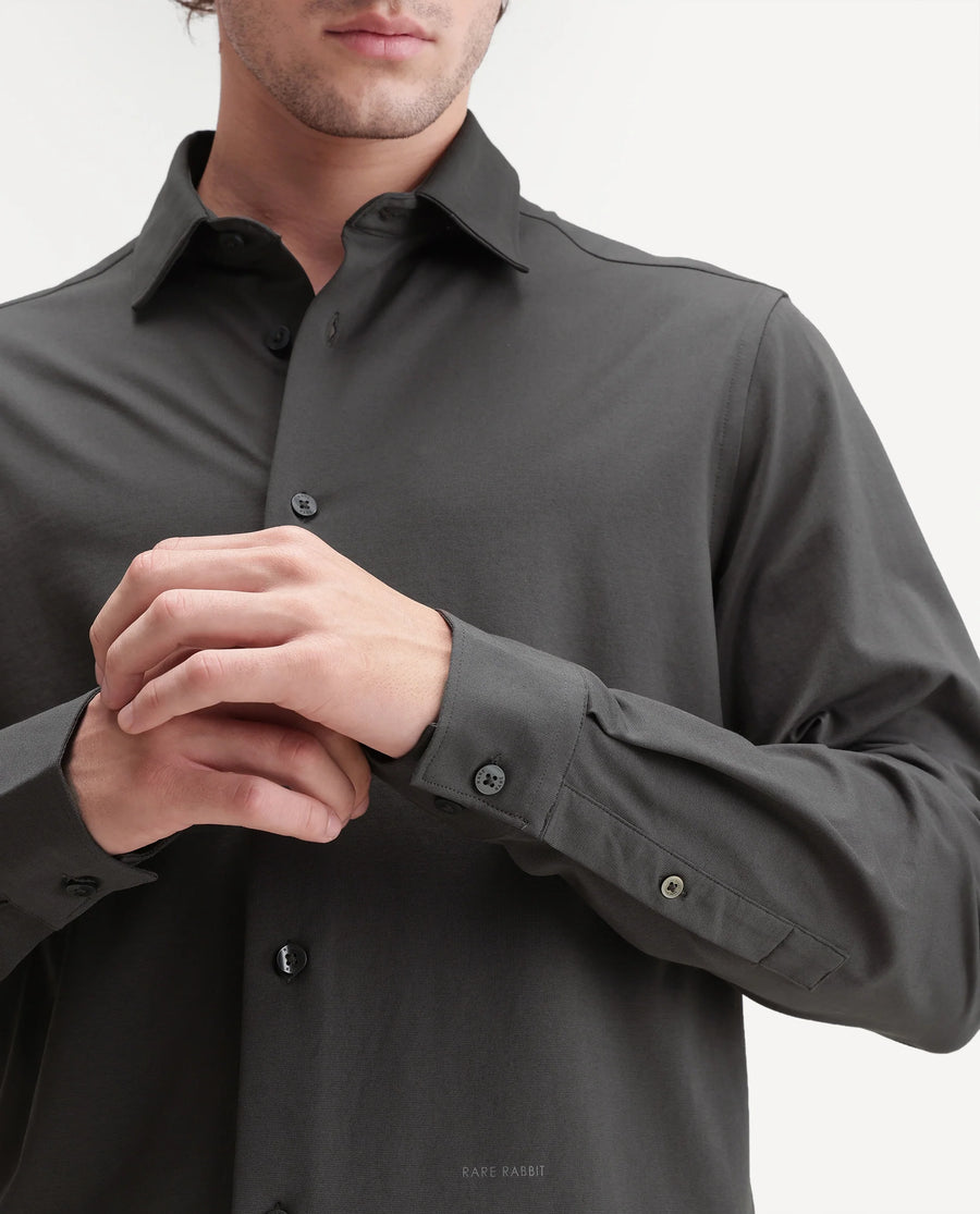 Rare Rabbit Men's Tour-Aw26 Dark Grey Cotton Blend Spread Collar Regular Plain Shirt