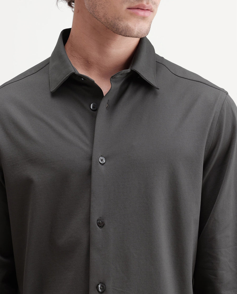 Rare Rabbit Men's Tour-Aw26 Dark Grey Cotton Blend Spread Collar Regular Plain Shirt