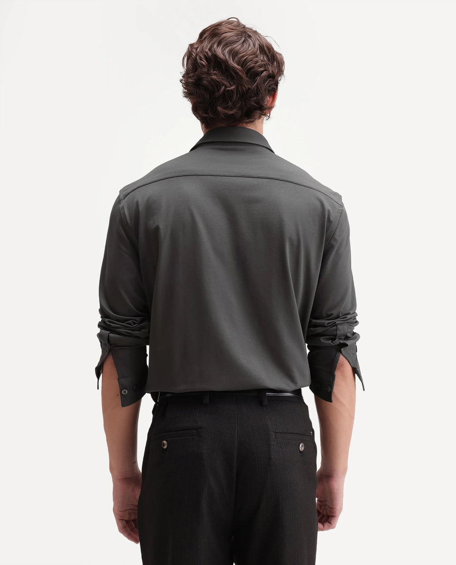 Rare Rabbit Men's Tour-Aw26 Dark Grey Cotton Blend Spread Collar Regular Plain Shirt