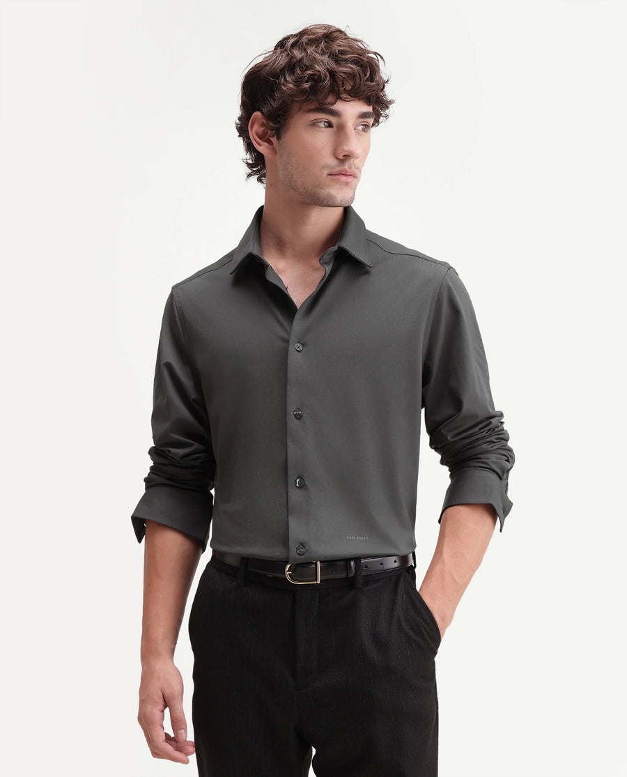Rare Rabbit Men's Tour-Aw26 Dark Grey Cotton Blend Spread Collar Regular Plain Shirt