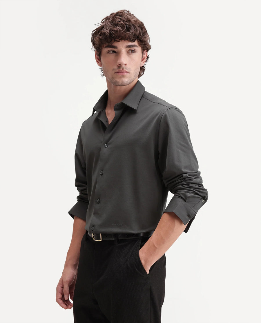 Rare Rabbit Men's Tour-Aw26 Dark Grey Cotton Blend Spread Collar Regular Plain Shirt