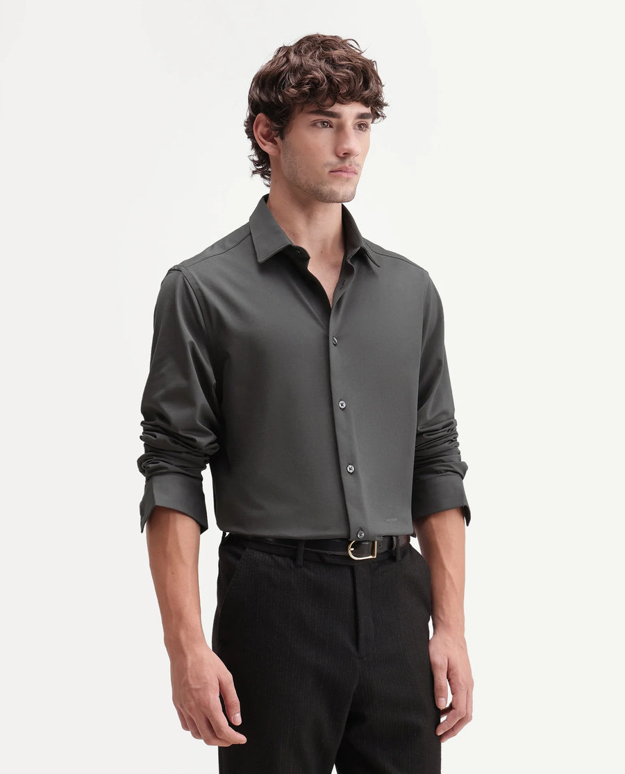 Rare Rabbit Men's Tour-Aw26 Dark Grey Cotton Blend Spread Collar Regular Plain Shirt