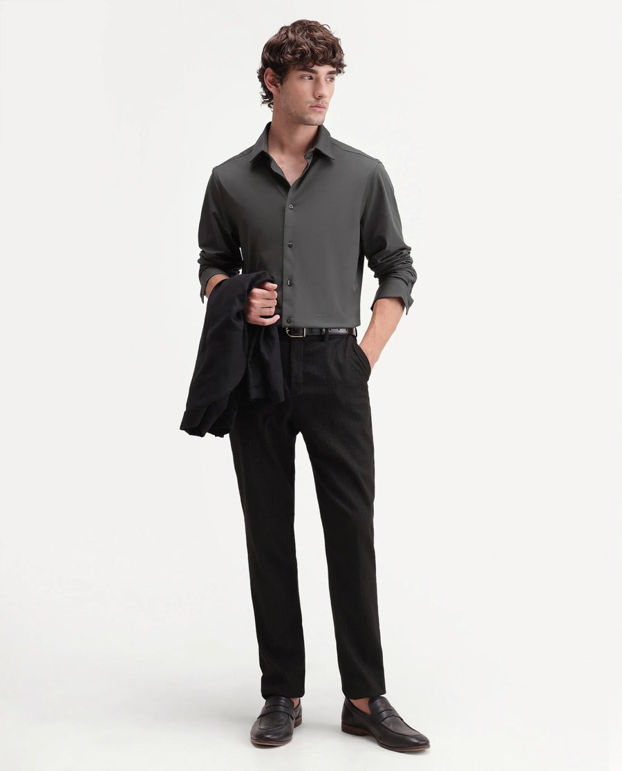 Rare Rabbit Men's Tour-Aw26 Dark Grey Cotton Blend Spread Collar Regular Plain Shirt