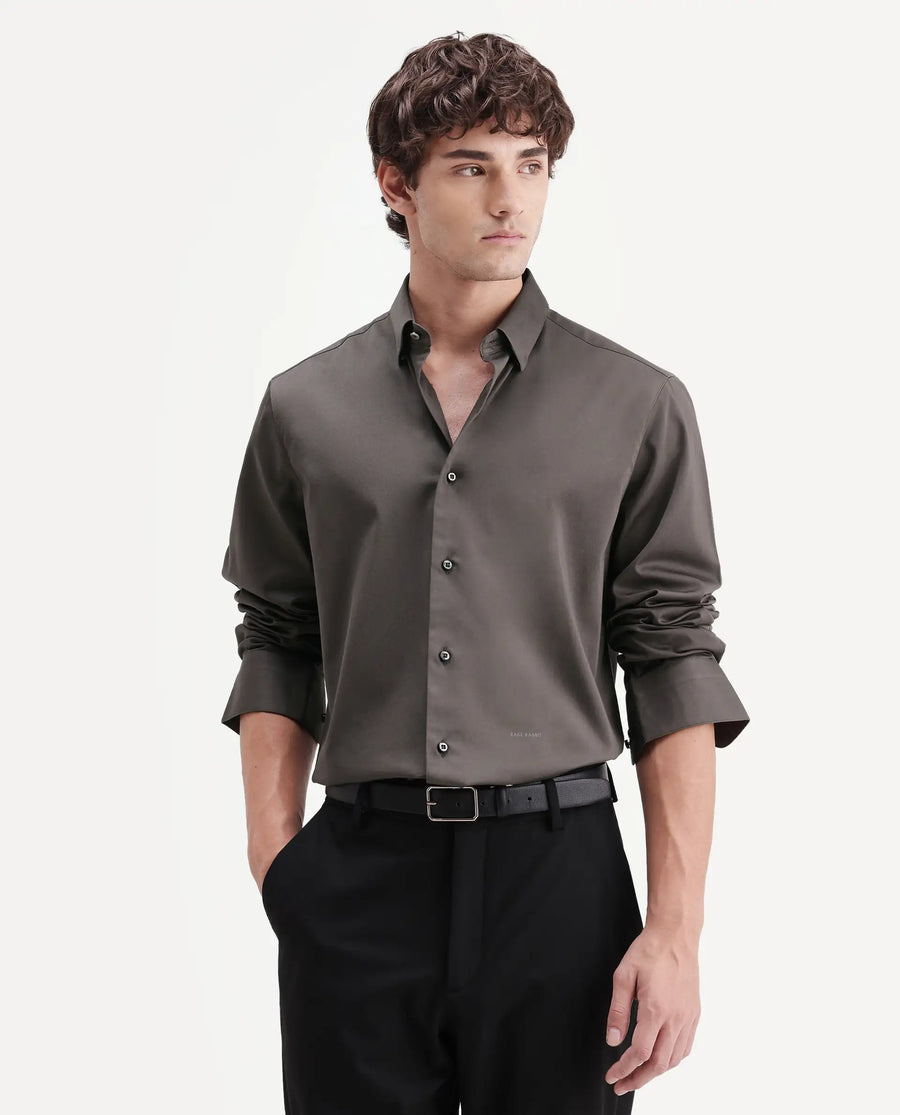 Rare Rabbit Men's Como-Aw26 Olive Cotton Blend Spread Collar Regular Plain Shirt