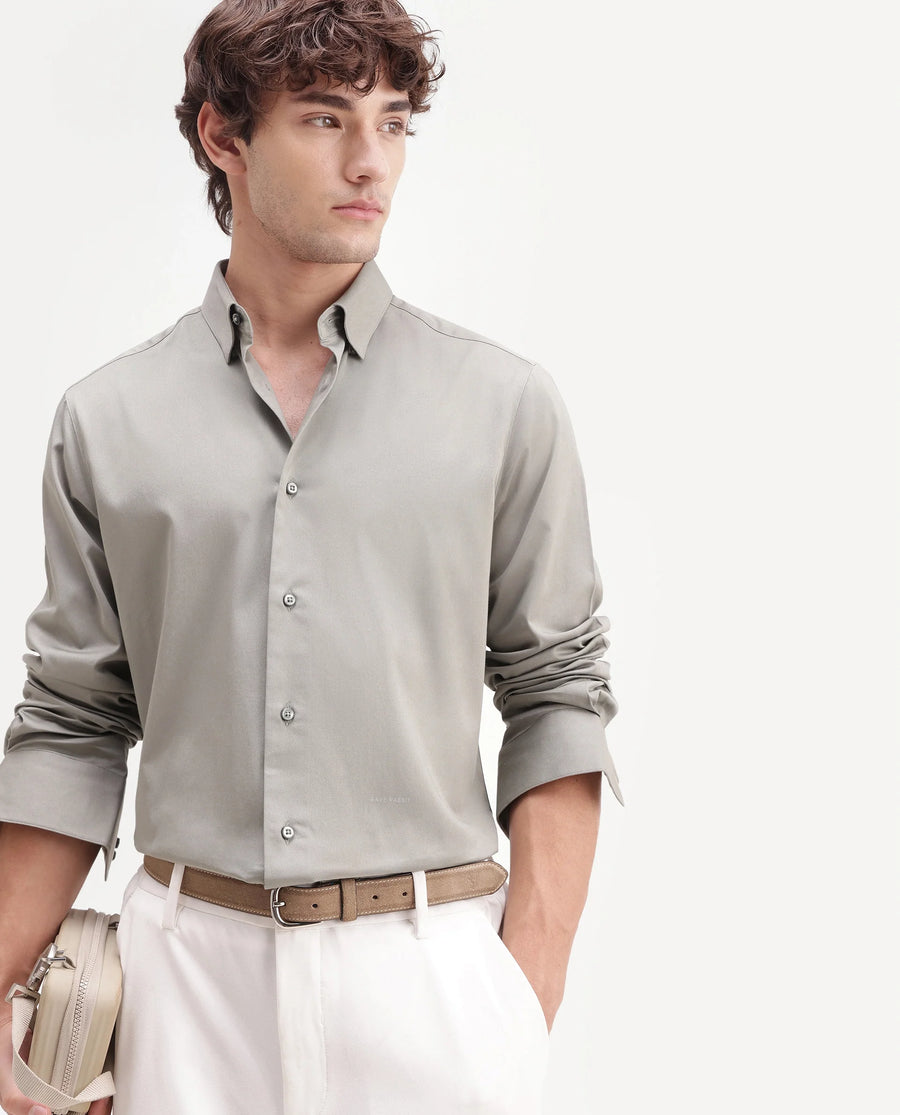 Rare Rabbit Men's Como-Aw26 Dusky Green Cotton Blend Spread Collar Regular Plain Shirt
