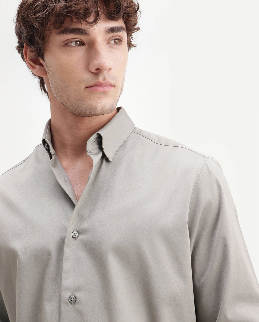 Rare Rabbit Men's Como-Aw26 Dusky Green Cotton Blend Spread Collar Regular Plain Shirt