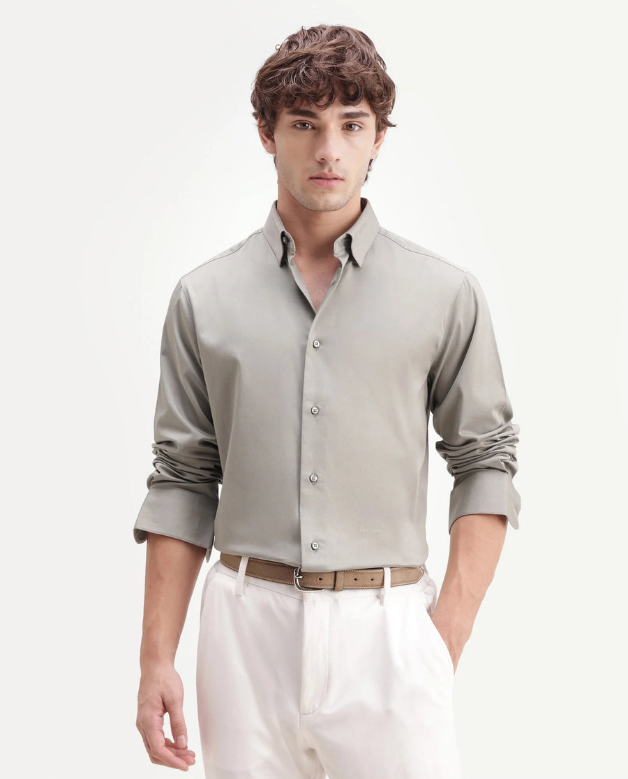 Rare Rabbit Men's Como-Aw26 Dusky Green Cotton Blend Spread Collar Regular Plain Shirt