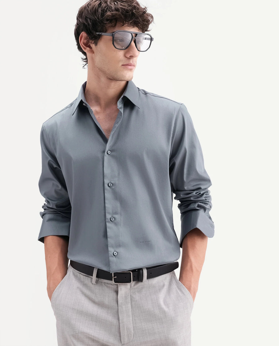 Rare Rabbit Men's Holla-Aw26 Dusky Grey Cotton Blend Regular Long Sleeve Shirt