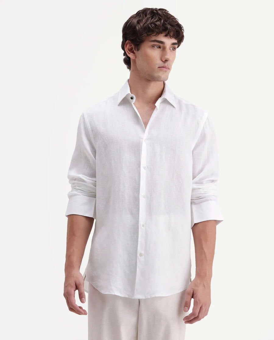 Rare Rabbit Men's Linex-Ls-Aw26 White Linen Blend Spread Collar Regular Fit Plain Shirt