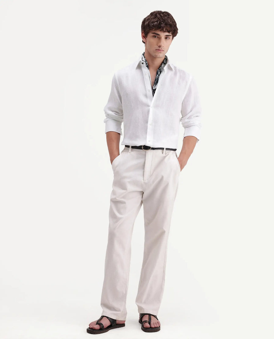 Rare Rabbit Men's Linex-Ls-Aw26 White Linen Blend Spread Collar Regular Fit Plain Shirt