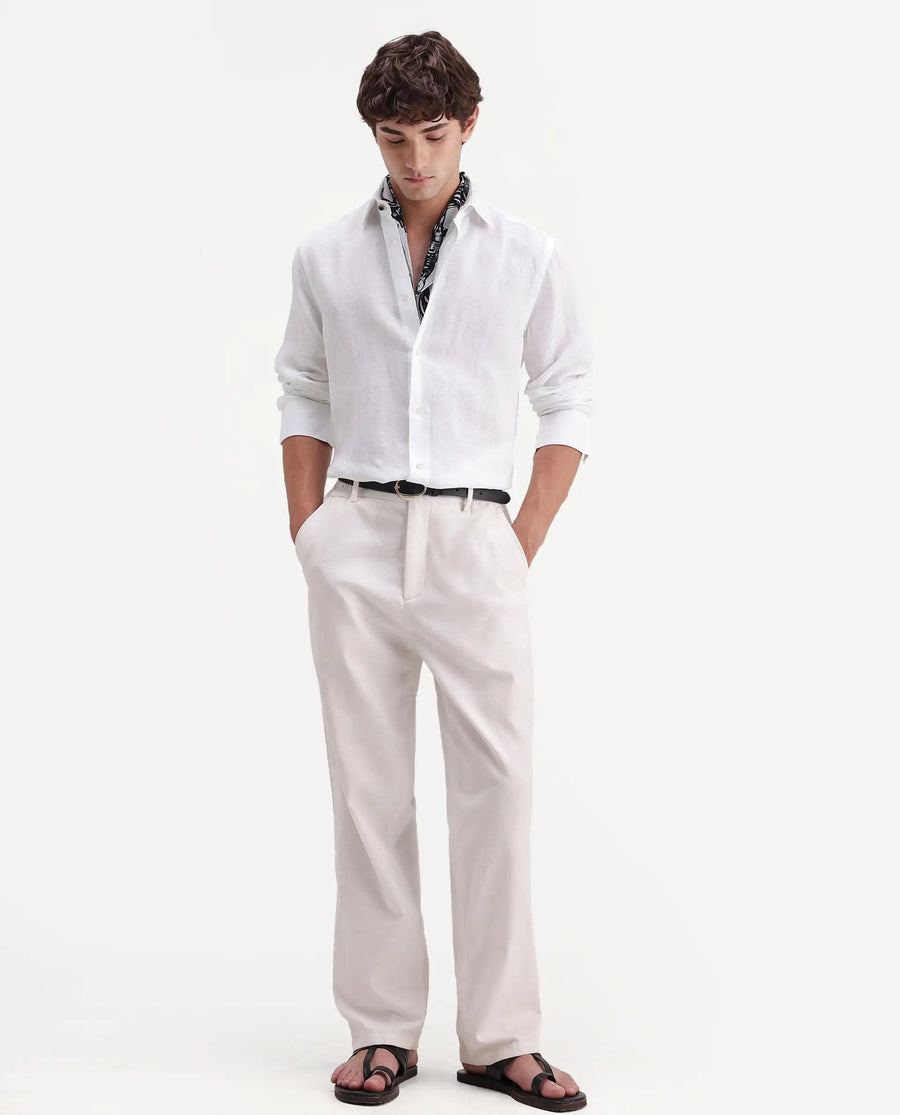 Rare Rabbit Men's Linex-Ls-Aw26 White Linen Blend Spread Collar Regular Fit Plain Shirt