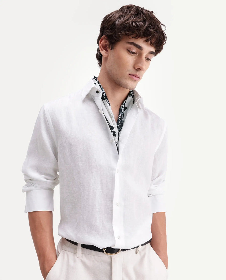 Rare Rabbit Men's Linex-Ls-Aw26 White Linen Blend Spread Collar Regular Fit Plain Shirt