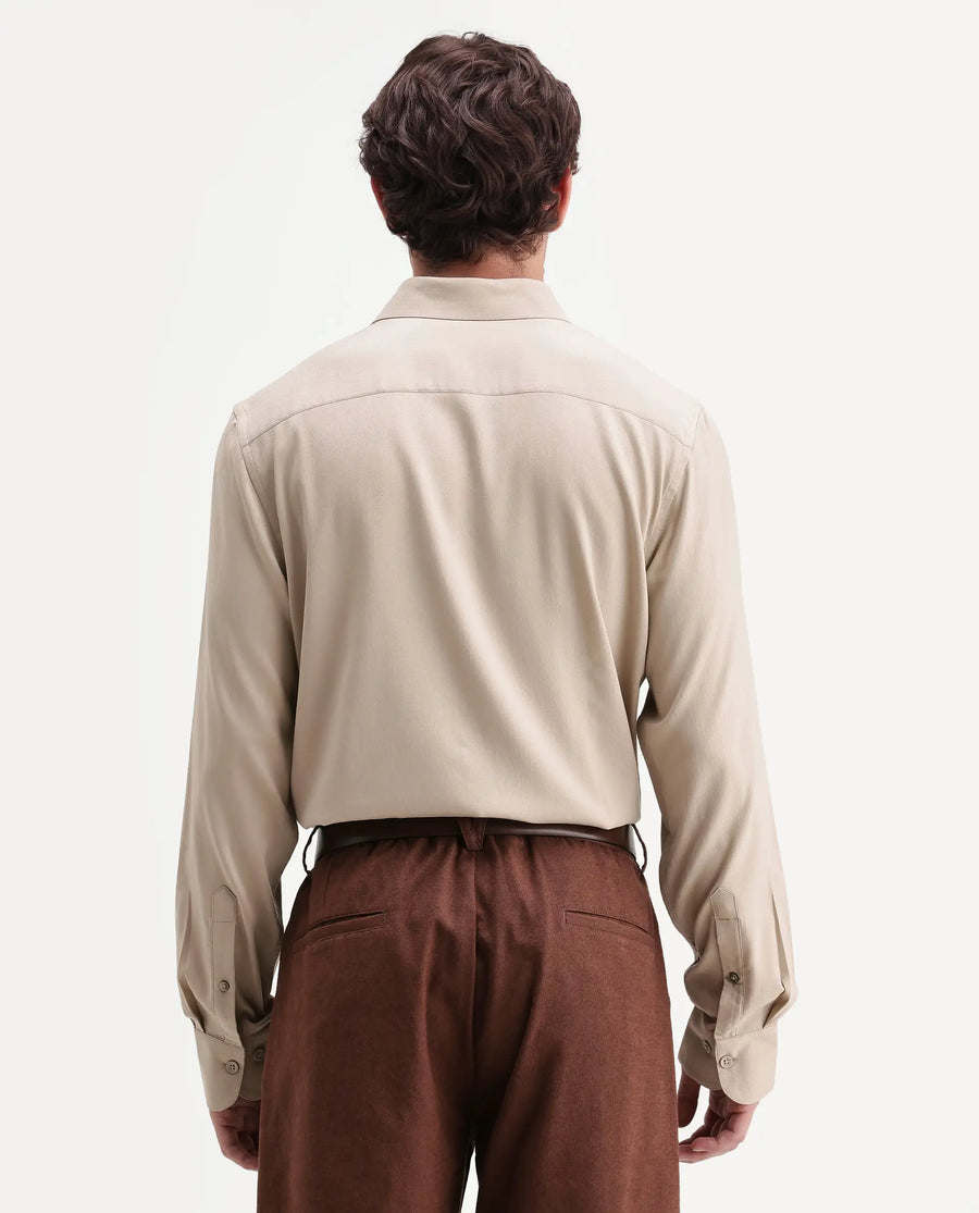 Rare Rabbit Men's Mer-Aw26 Beige Viscose Blend Spread Collar Regular Plain Shirt