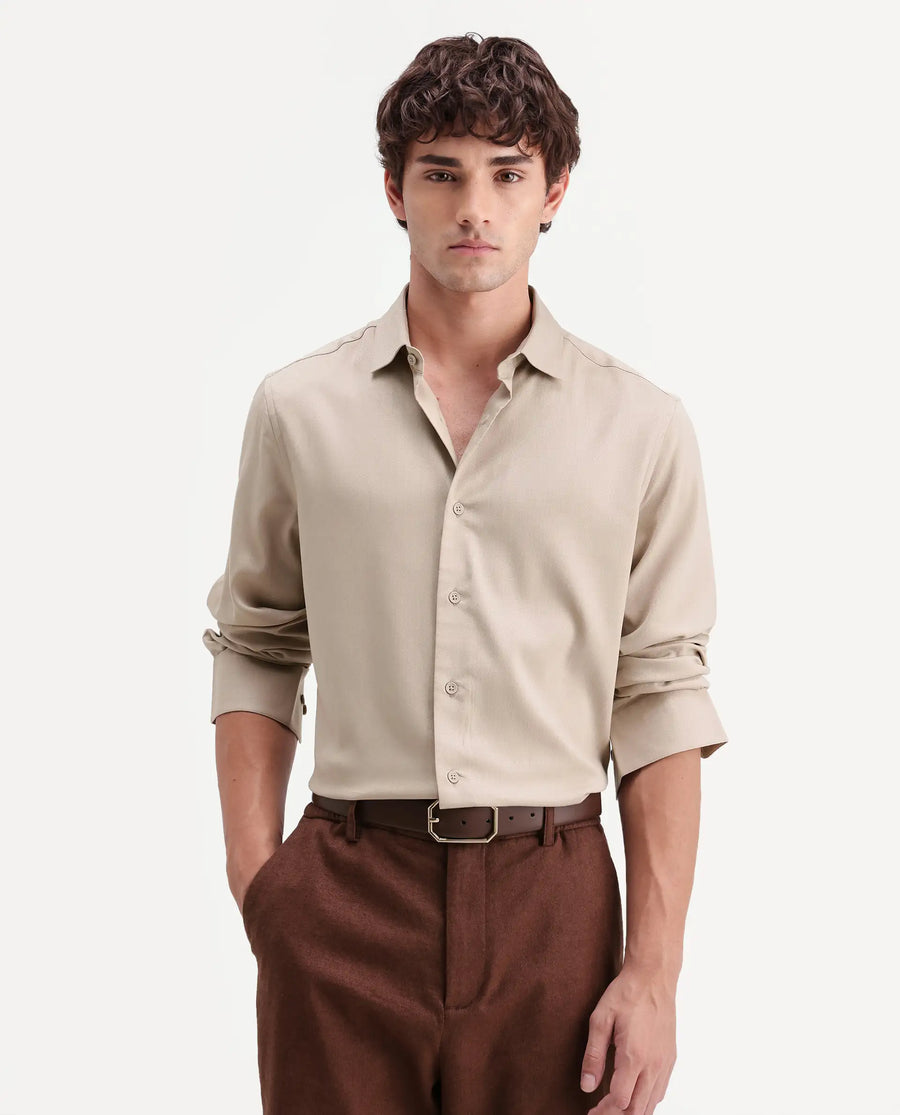 Rare Rabbit Men's Mer-Aw26 Beige Viscose Blend Spread Collar Regular Plain Shirt