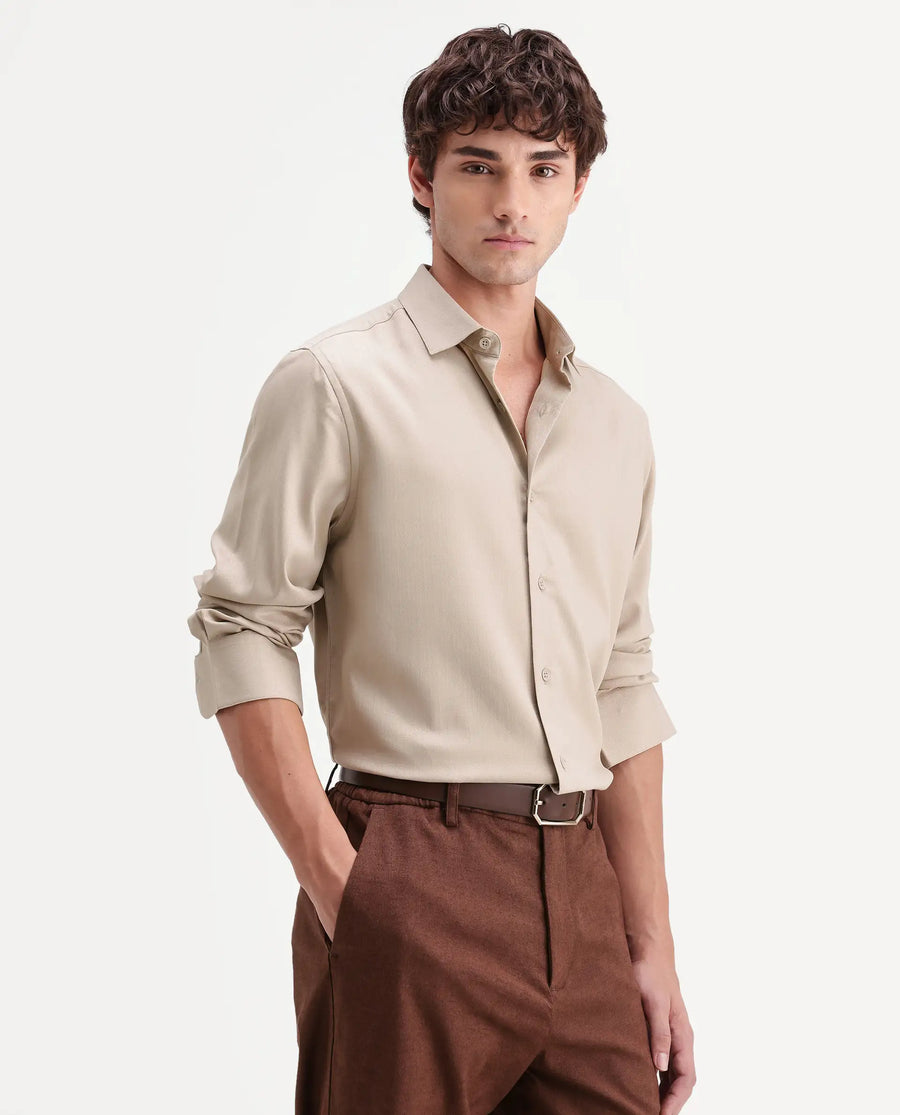 Rare Rabbit Men's Mer-Aw26 Beige Viscose Blend Spread Collar Regular Plain Shirt