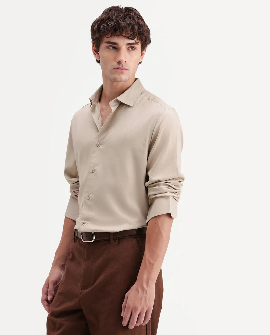Rare Rabbit Men's Mer-Aw26 Beige Viscose Blend Spread Collar Regular Plain Shirt
