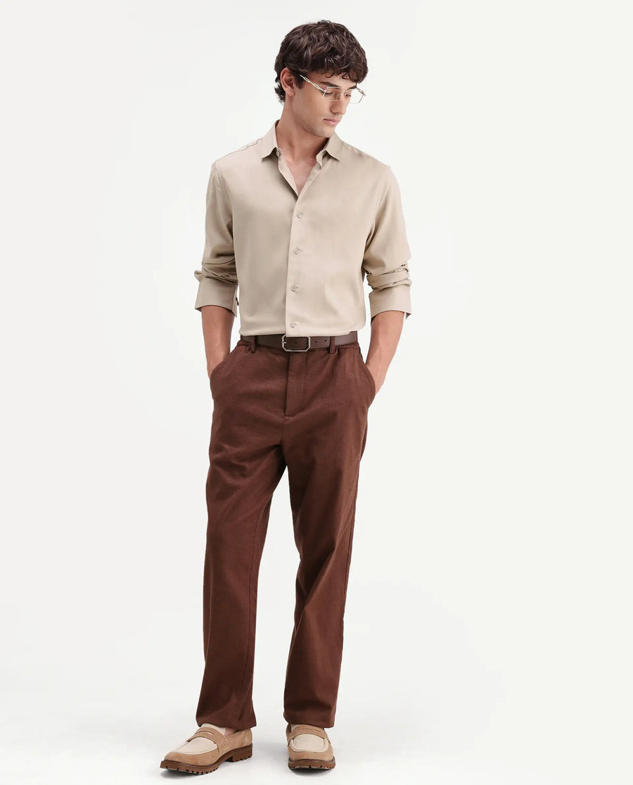 Rare Rabbit Men's Mer-Aw26 Beige Viscose Blend Spread Collar Regular Plain Shirt