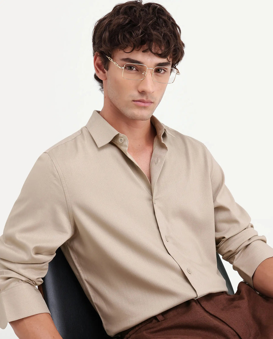 Rare Rabbit Men's Mer-Aw26 Beige Viscose Blend Spread Collar Regular Plain Shirt