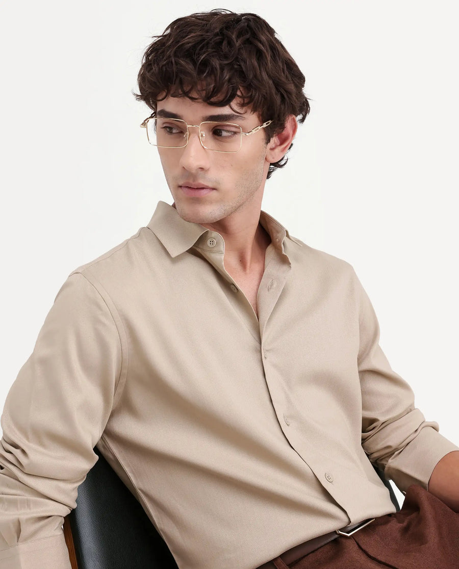 Rare Rabbit Men's Mer-Aw26 Beige Viscose Blend Spread Collar Regular Plain Shirt
