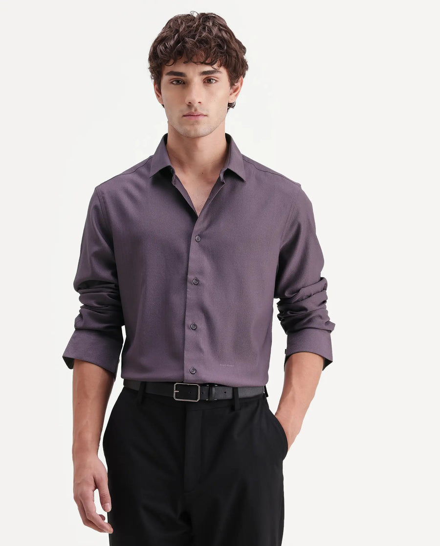 Rare Rabbit Men's Mer-Aw26 Dusky Purple Viscose Blend Spread Collar Regular Plain Shirt