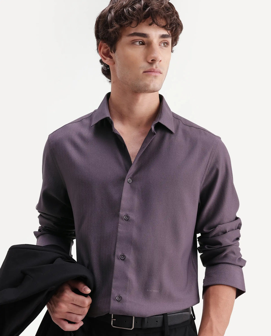 Rare Rabbit Men's Mer-Aw26 Dusky Purple Viscose Blend Spread Collar Regular Plain Shirt