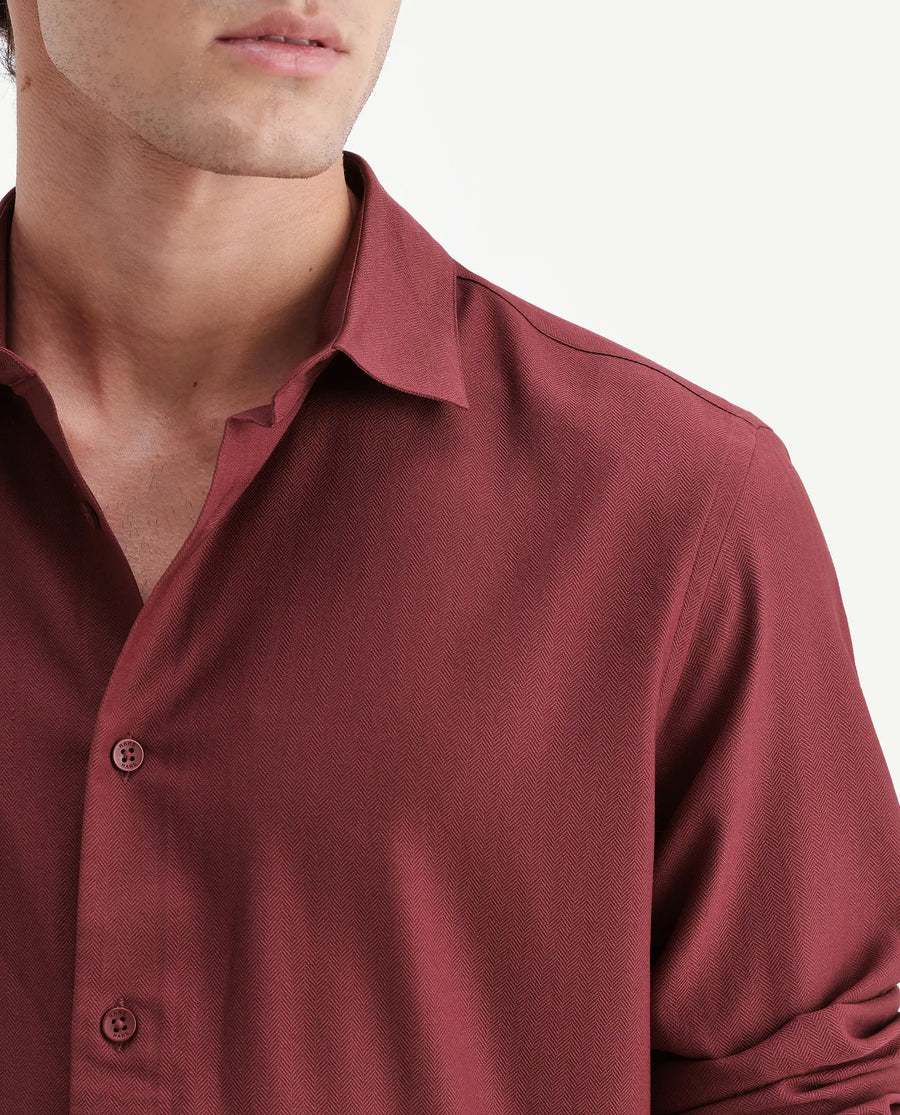 Rare Rabbit Men's Mer-Aw26 Red Viscose Blend Spread Collar Regular Plain Shirt