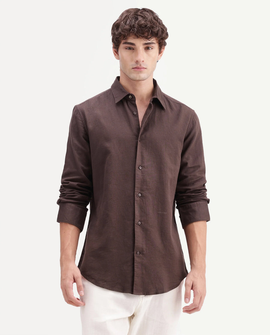Rare Rabbit Men's Layer-Ls-Aw26 Dusky Brown Cotton Spread Collar Regular Plain Shirt