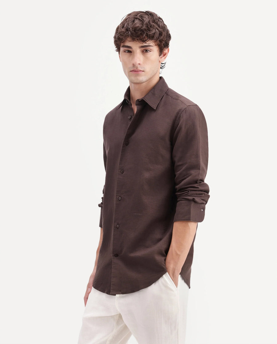 Rare Rabbit Men's Layer-Ls-Aw26 Dusky Brown Cotton Spread Collar Regular Plain Shirt