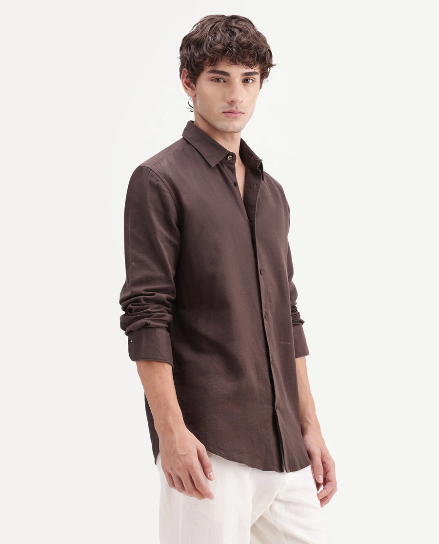 Rare Rabbit Men's Layer-Ls-Aw26 Dusky Brown Cotton Spread Collar Regular Plain Shirt