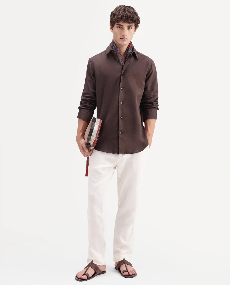 Rare Rabbit Men's Layer-Ls-Aw26 Dusky Brown Cotton Spread Collar Regular Plain Shirt