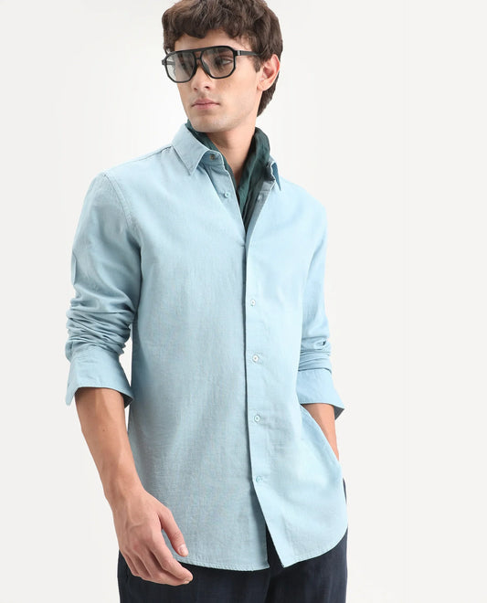 Rare Rabbit Men's Layer-Ls-Aw26 Light Blue Cotton Spread Collar Regular Plain Shirt