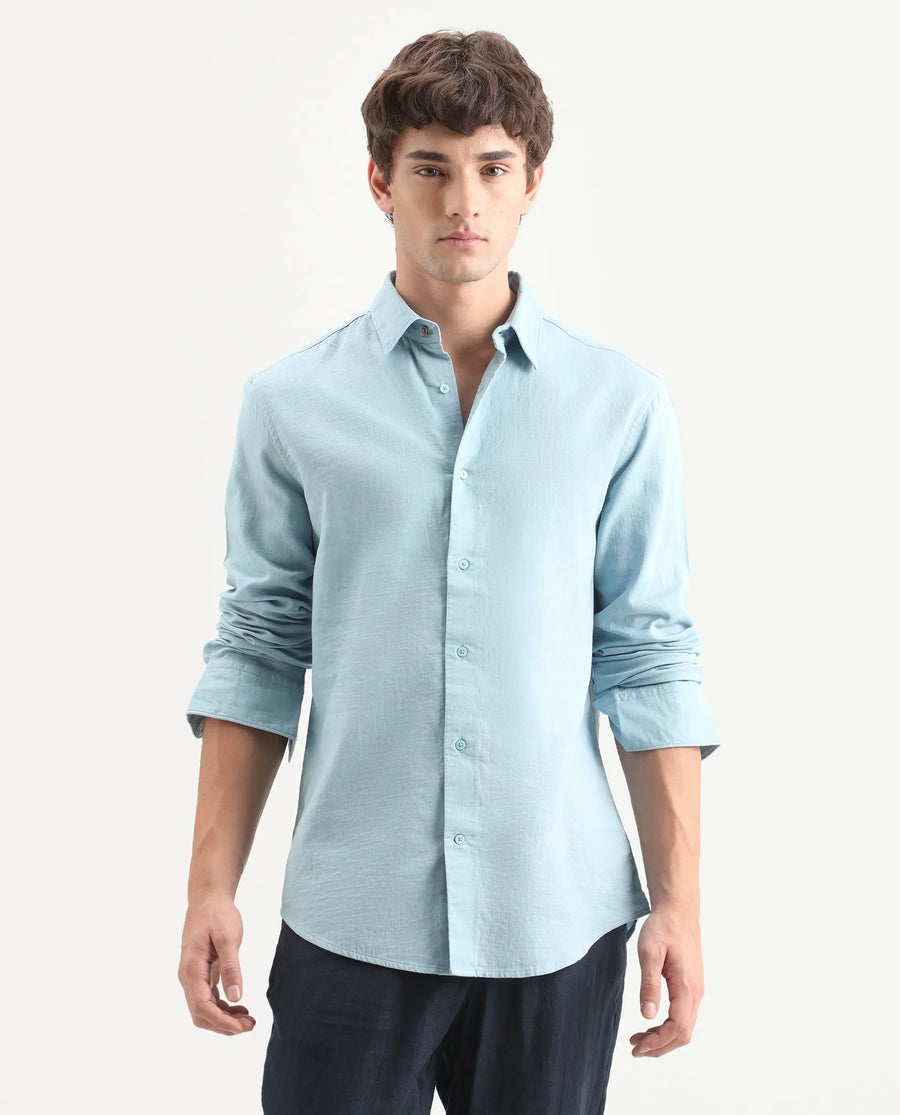 Rare Rabbit Men's Layer-Ls-Aw26 Light Blue Cotton Spread Collar Regular Plain Shirt