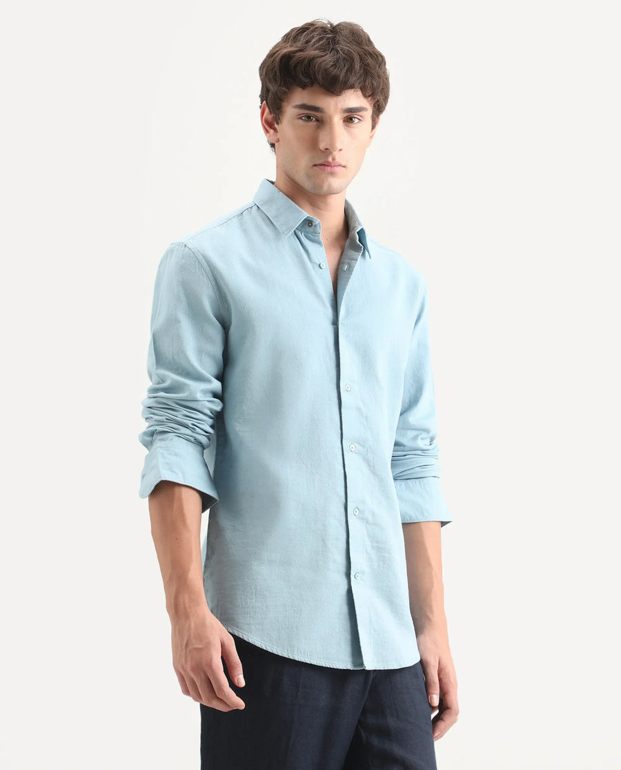 Rare Rabbit Men's Layer-Ls-Aw26 Light Blue Cotton Spread Collar Regular Plain Shirt