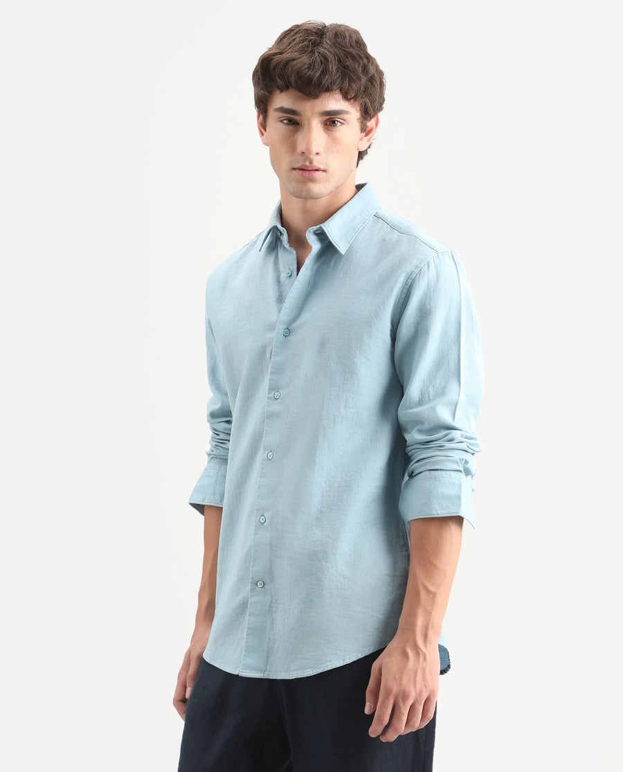 Rare Rabbit Men's Layer-Ls-Aw26 Light Blue Cotton Spread Collar Regular Plain Shirt