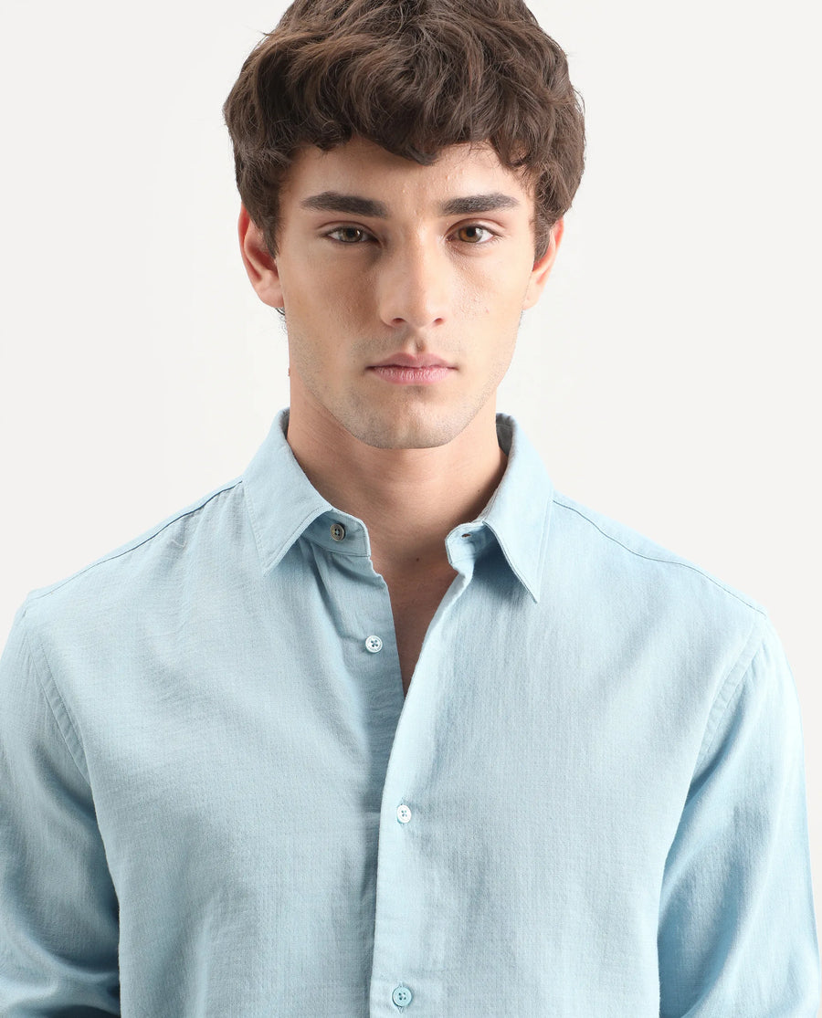 Rare Rabbit Men's Layer-Ls-Aw26 Light Blue Cotton Spread Collar Regular Plain Shirt