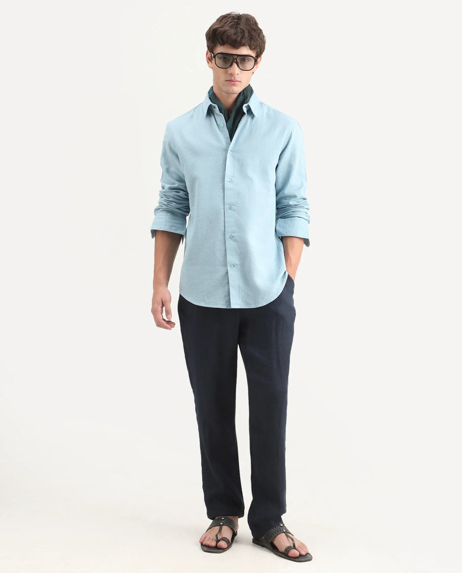 Rare Rabbit Men's Layer-Ls-Aw26 Light Blue Cotton Spread Collar Regular Plain Shirt