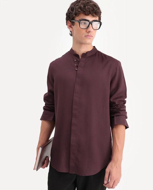 Rare Rabbit Men's Throne-Aw26 Dusky Maroon Linen Blend Mandarin Collar Regular Plain Shirt