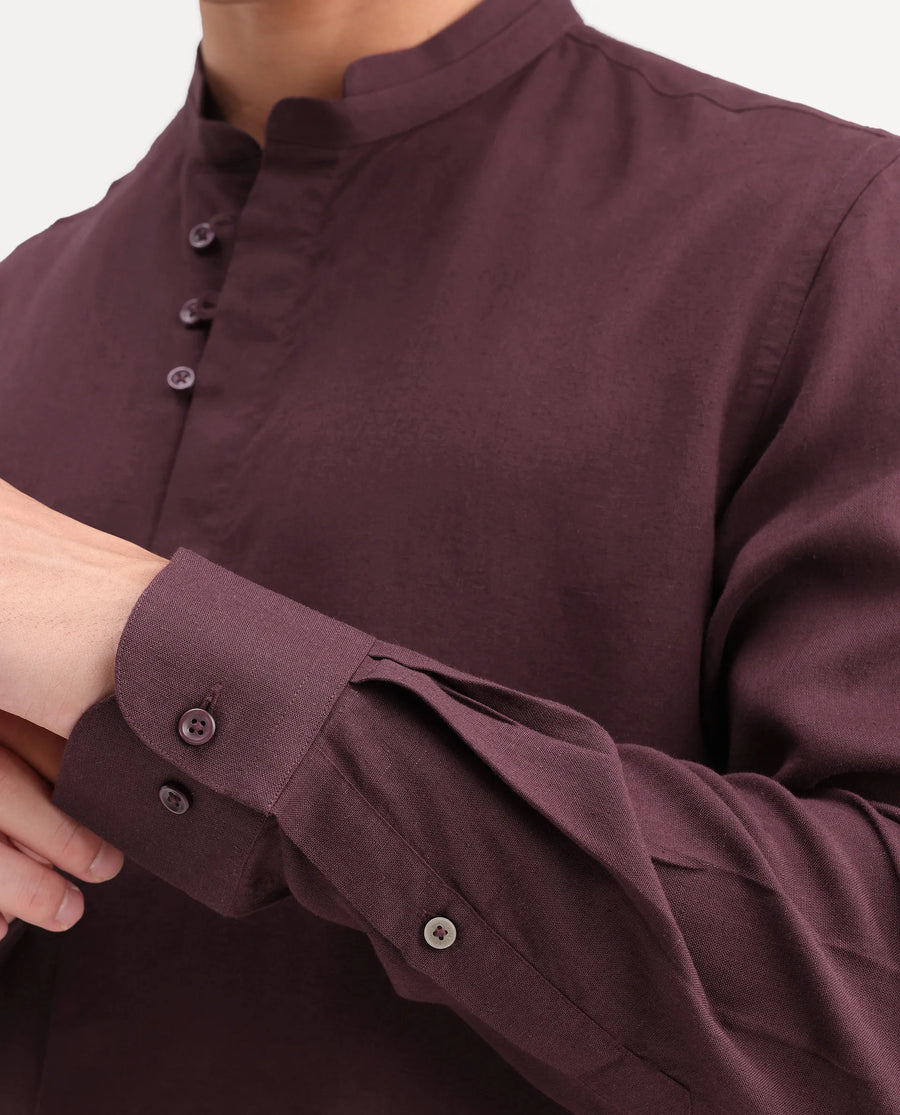 Rare Rabbit Men's Throne-Aw26 Dusky Maroon Linen Blend Mandarin Collar Regular Plain Shirt