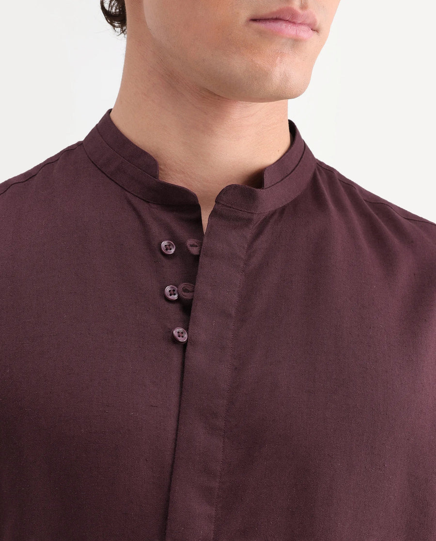 Rare Rabbit Men's Throne-Aw26 Dusky Maroon Linen Blend Mandarin Collar Regular Plain Shirt