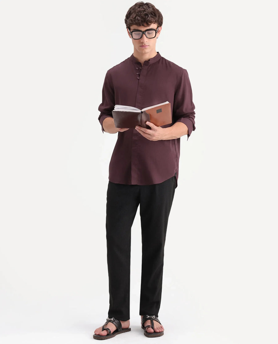 Rare Rabbit Men's Throne-Aw26 Dusky Maroon Linen Blend Mandarin Collar Regular Plain Shirt