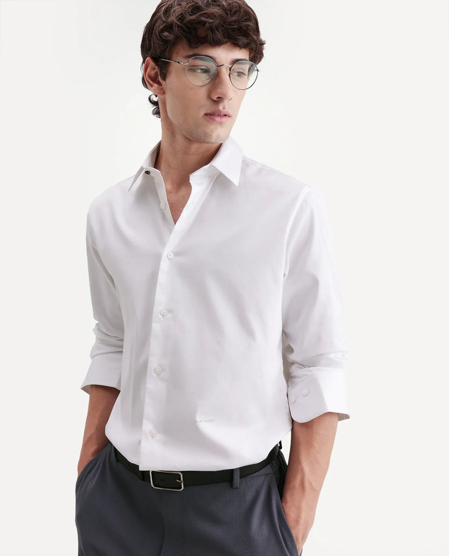 Rare Rabbit Men's Holla-Aw26 White Cotton Blend Spread Collar Regular Plain Shirt