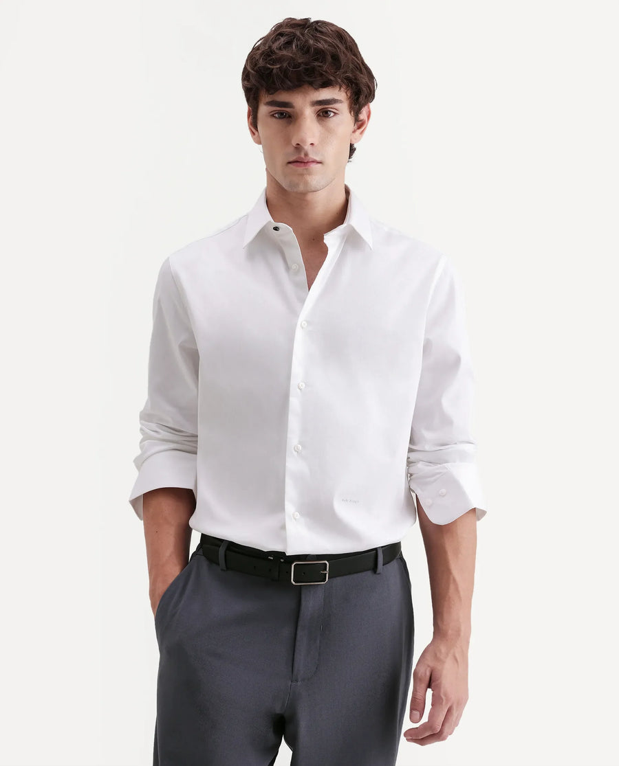Rare Rabbit Men's Holla-Aw26 White Cotton Blend Spread Collar Regular Plain Shirt