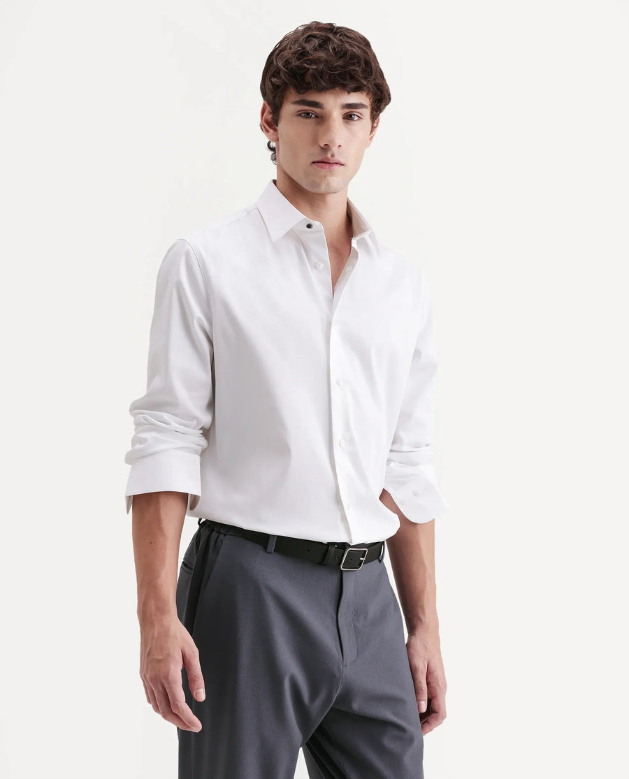 Rare Rabbit Men's Holla-Aw26 White Cotton Blend Spread Collar Regular Plain Shirt