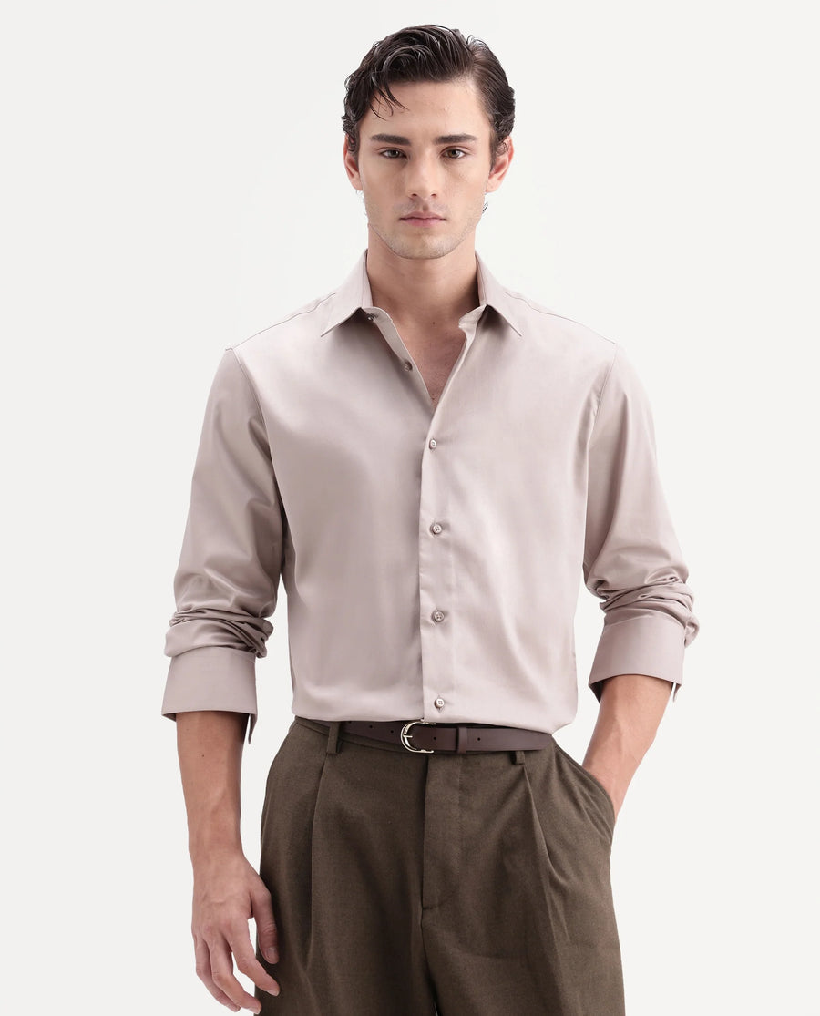 Rare Rabbit Men's Holla-Aw26 Beige Cotton Blend Spread Collar Regular Plain Shirt