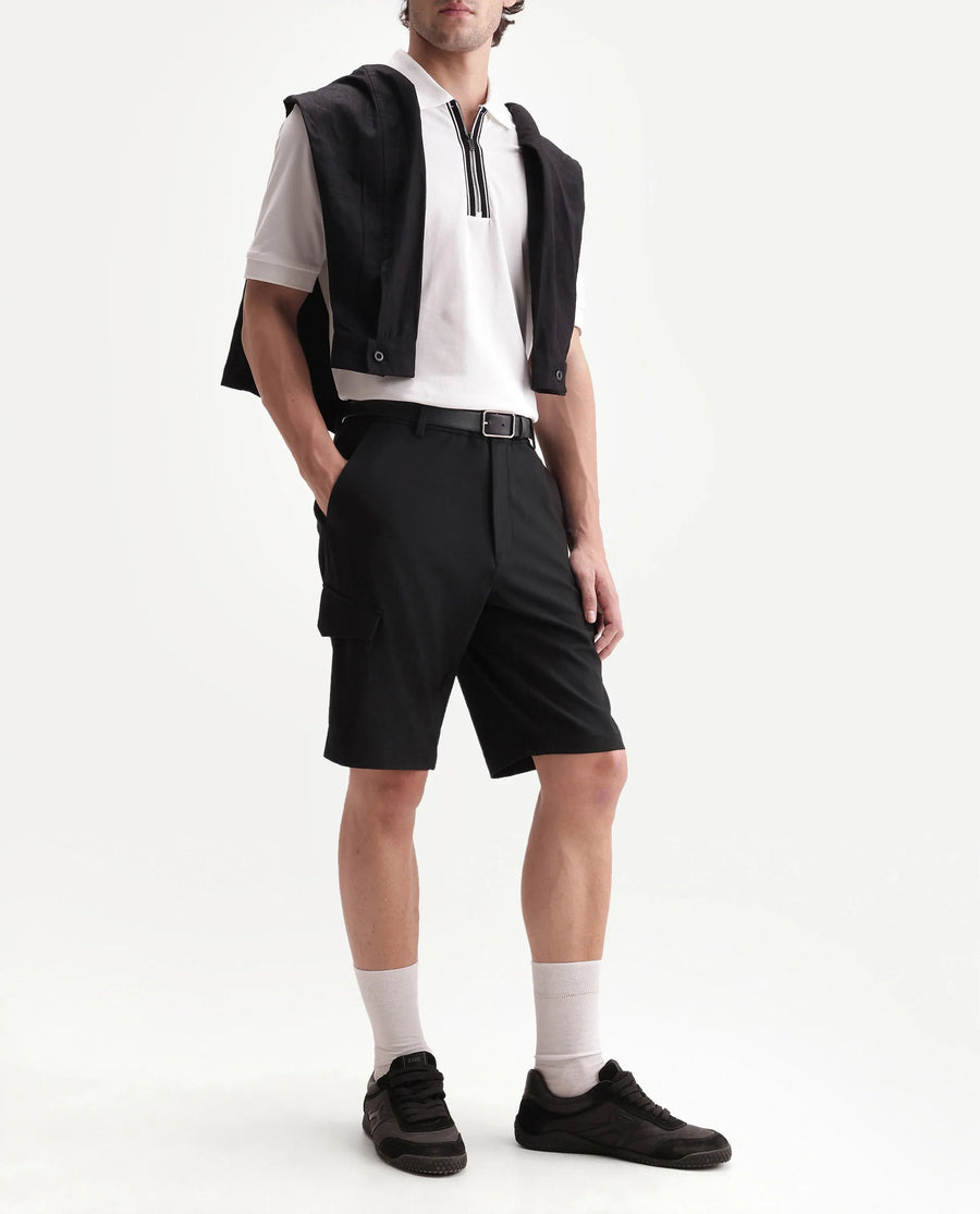 Rare Rabbit Men's Tripco-Aw26 Black Polyester Blend Fabric Regular Fit Plain Cargo Shorts