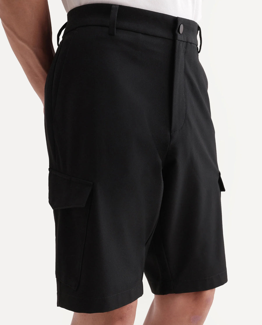 Rare Rabbit Men's Tripco-Aw26 Black Polyester Blend Fabric Regular Fit Plain Cargo Shorts