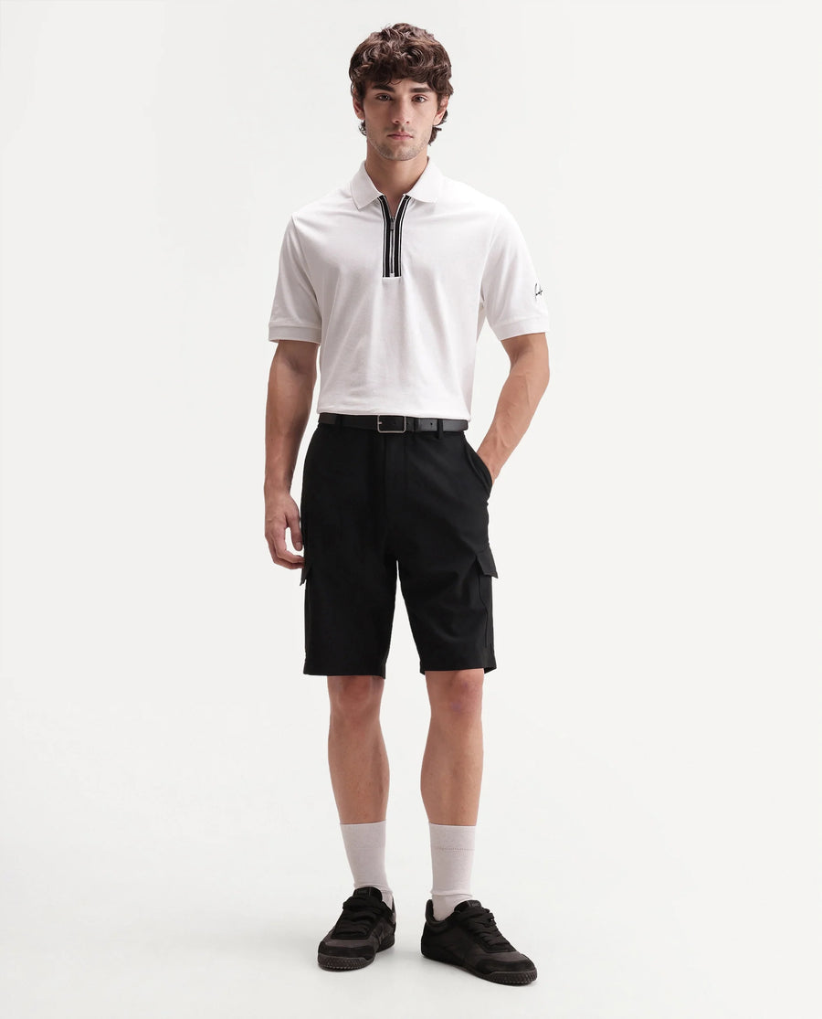 Rare Rabbit Men's Tripco-Aw26 Black Polyester Blend Fabric Regular Fit Plain Cargo Shorts