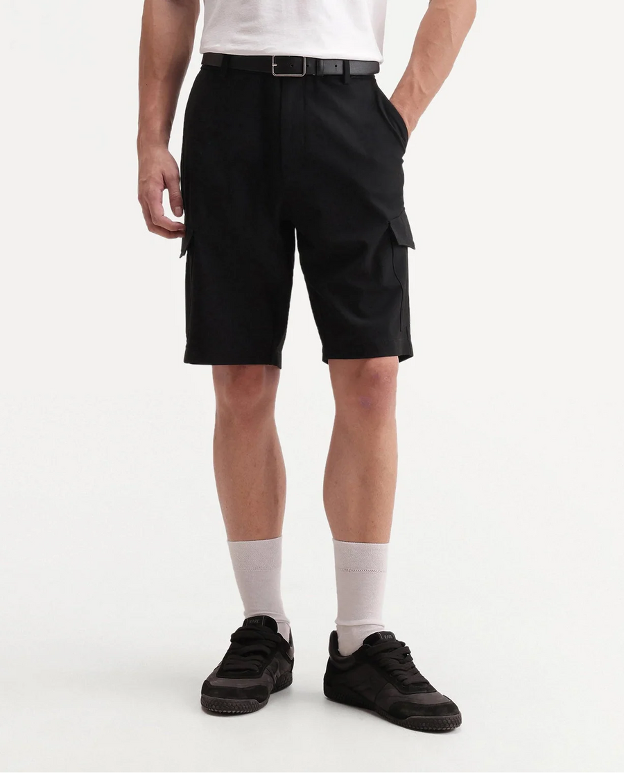 Rare Rabbit Men's Tripco-Aw26 Black Polyester Blend Fabric Regular Fit Plain Cargo Shorts