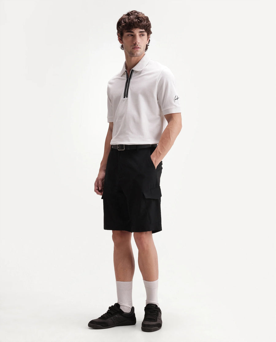 Rare Rabbit Men's Tripco-Aw26 Black Polyester Blend Fabric Regular Fit Plain Cargo Shorts